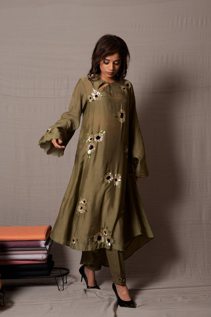 Green Front Straight Back Bias Cut Kurta with Pants AAS Couture