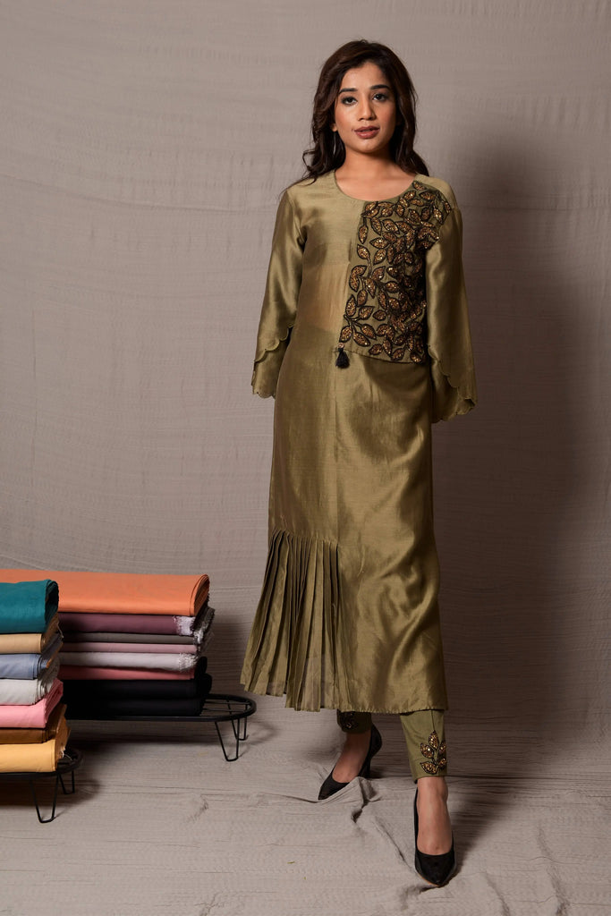  Green Pleated Frill with Side Jacket Flap Kurta with Pants AAS Couture