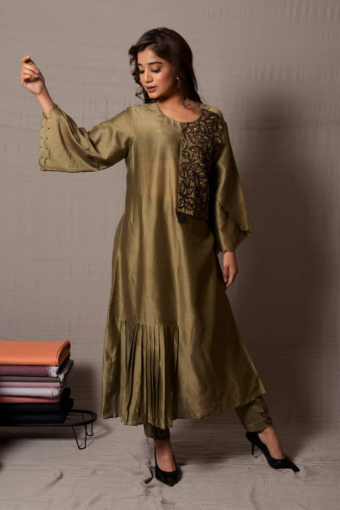 Gorgeous Green Pleated Frill with Side Jacket Flap Kurta | AAS Couture