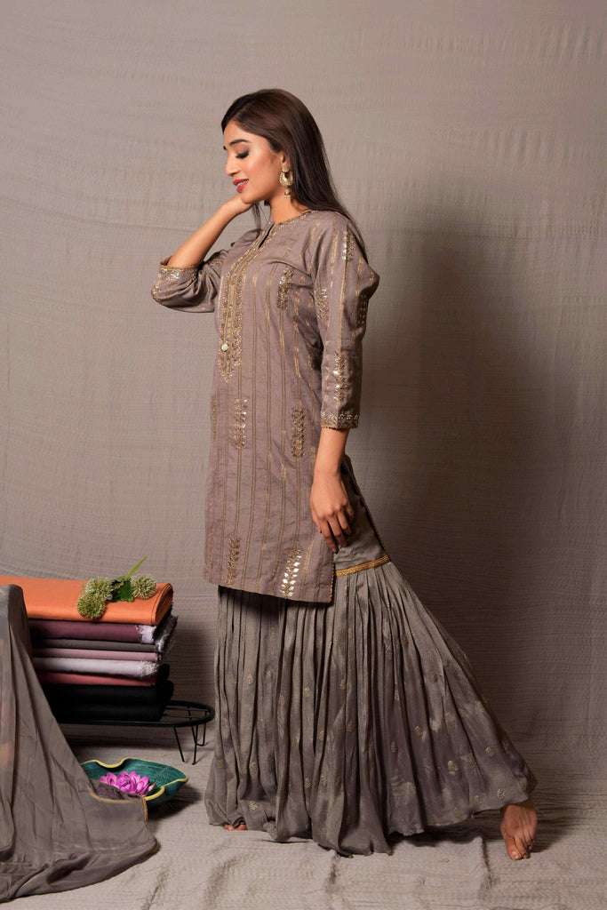 Gorgeous Grey Gota Work Kurta with Pleated Garara | AAS Couture