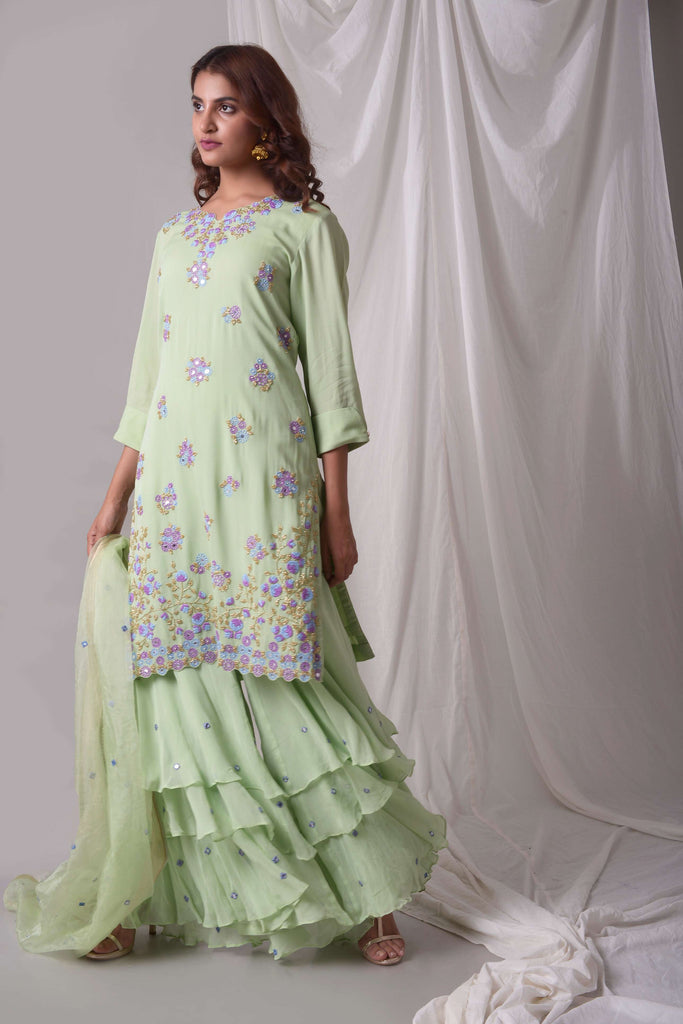 Green Georgette Kurta-Sharara Suit Set | AAS Couture