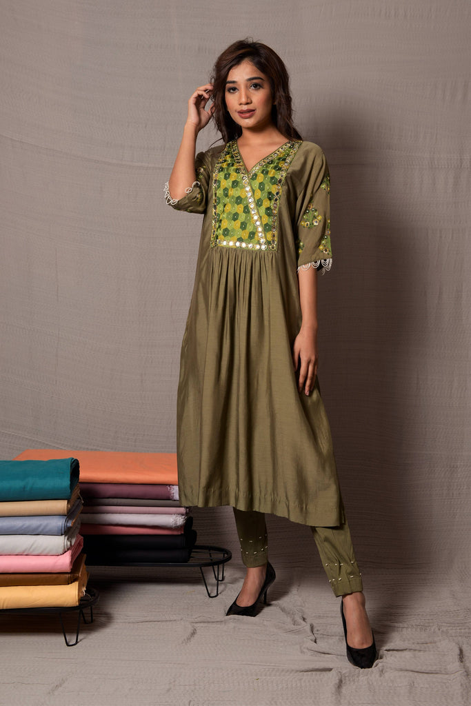 Green Mirror Work Kurta with Cigarette Pants AAS Couture