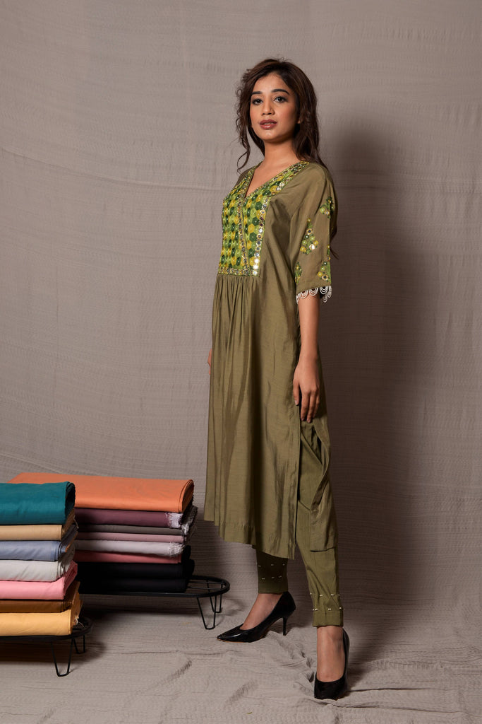 Green Mirror Work Kurta with Cigarette Pants AAS Couture