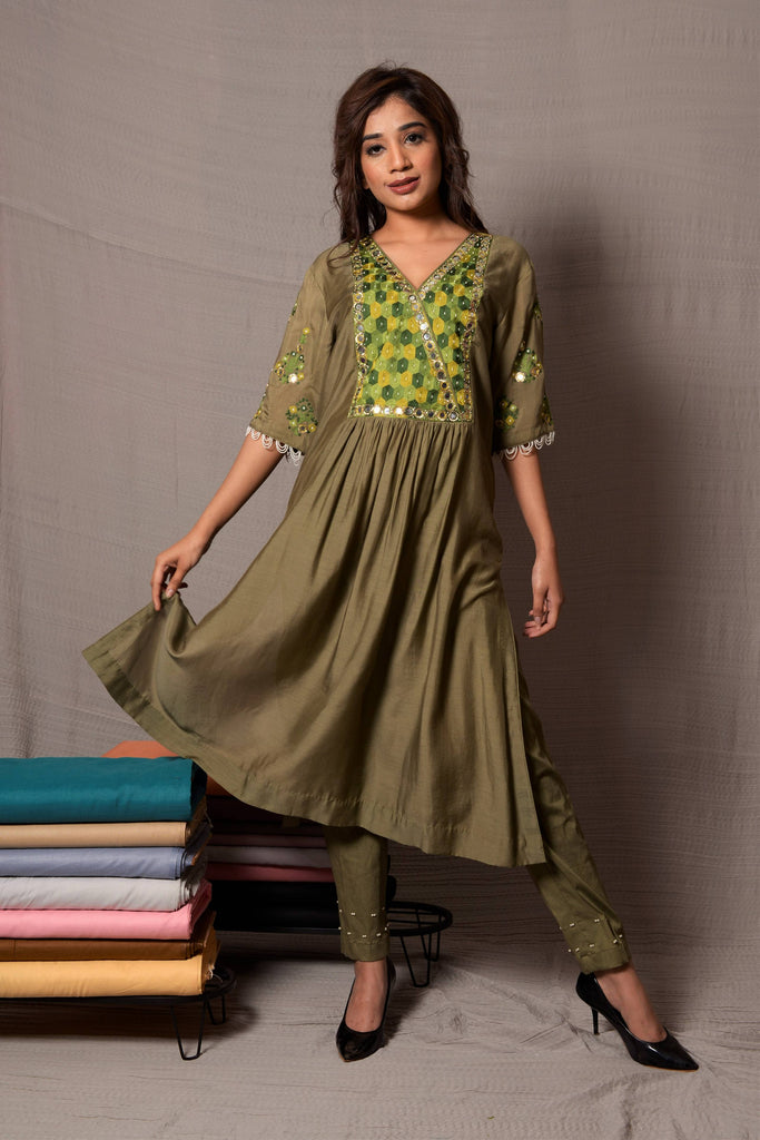 Green Mirror Work Kurta with Cigarette Pants AAS Couture