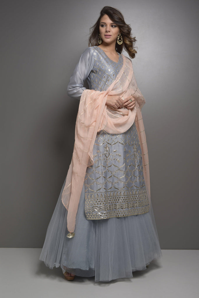 GreyGotaJaalEmbroideryKurta With Tulle Skirt AAS COUTURE