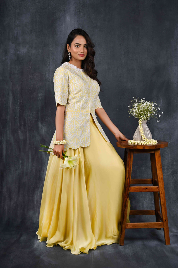 LEMON SKIRT WITH EMBROIDERED BLOUSE WITH DORI WORK | AAS Couture 