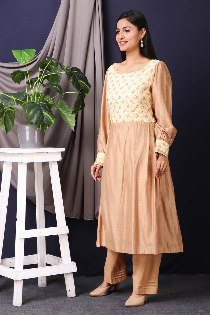 Lucknowi Peachish Brown Kurta Set AAS Couture