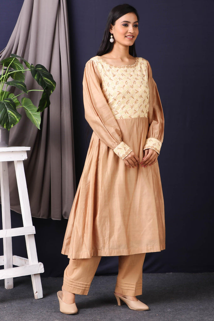 Lucknowi Peachish Brown Kurta Set AAS Couture