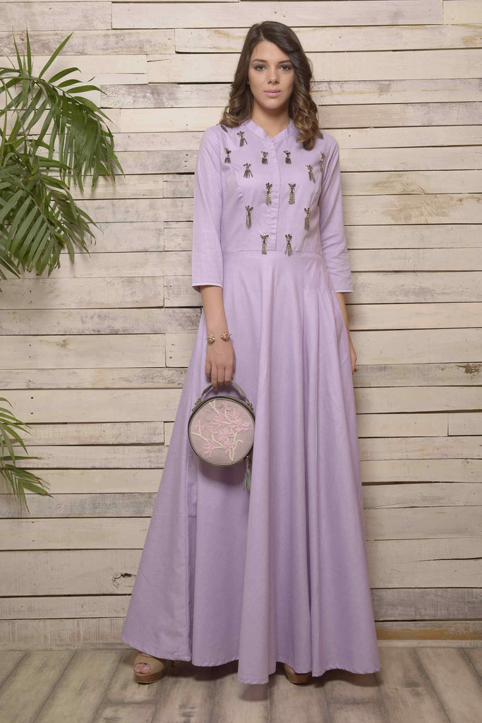 Lavender Circular Waist cut Maxi Dress | AAS Couture 