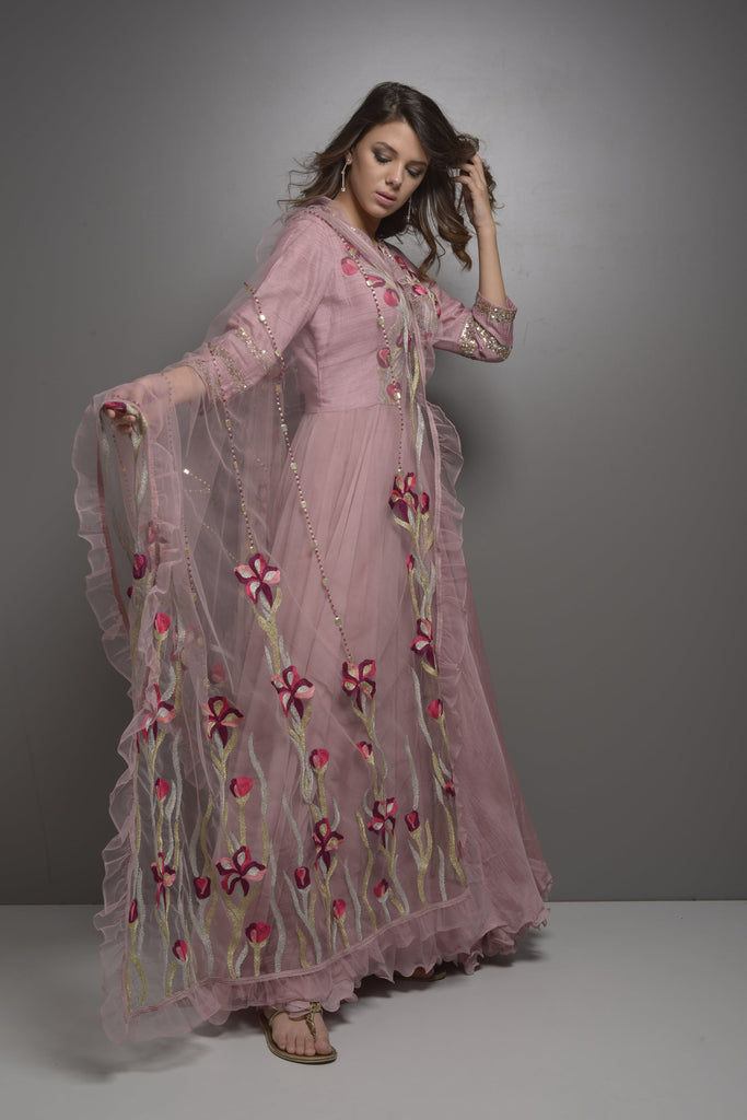 Mauv Embroidered Chiffon Anarkali with Net Dupatta | AAS Couture