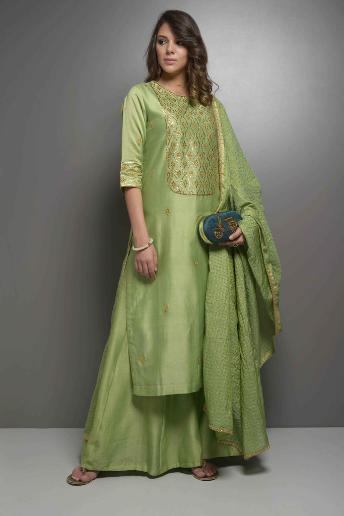 Mehendi Green Gota Patti Kurta Set with Chanderi Zari Dupatta and Sharara AAS COUTURE