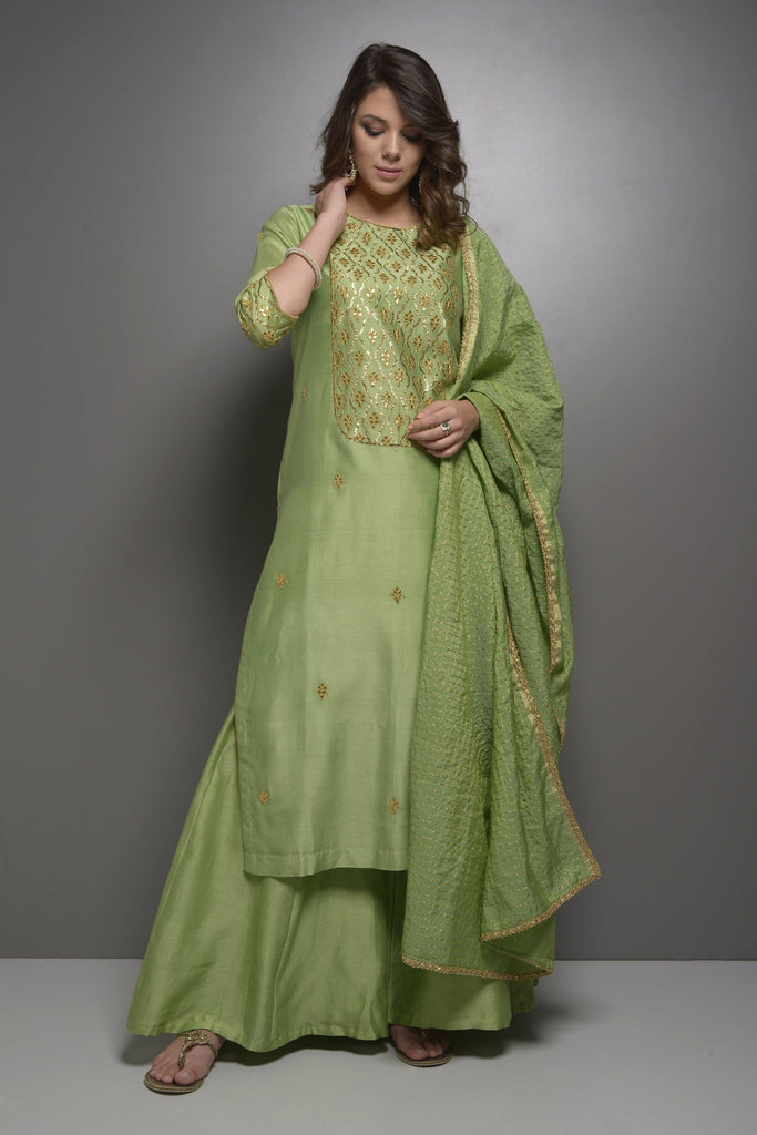  Mehendi Green Kurta, Dupatta, and Sharara Combo AAS Couture