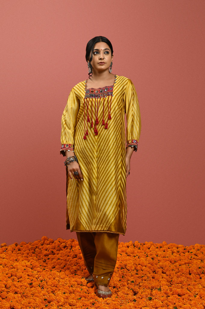 Mustard Yellow Silk Chanderi Kurta Set Shibori Kutch Embroidery AAS Couture 