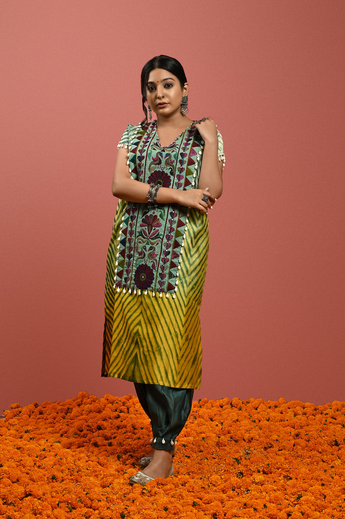 Ethnic silk kurta set in yellow and green AAS Couture