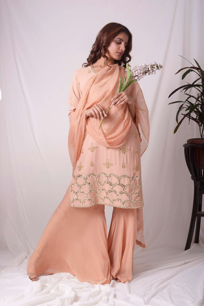 Orange Georgette Embroidered Kurta-Sharara Suit Set | AAS Couture