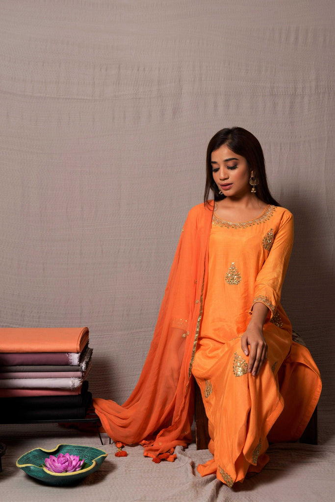 Silk chanderi Orange traditional suit set AAS Couture