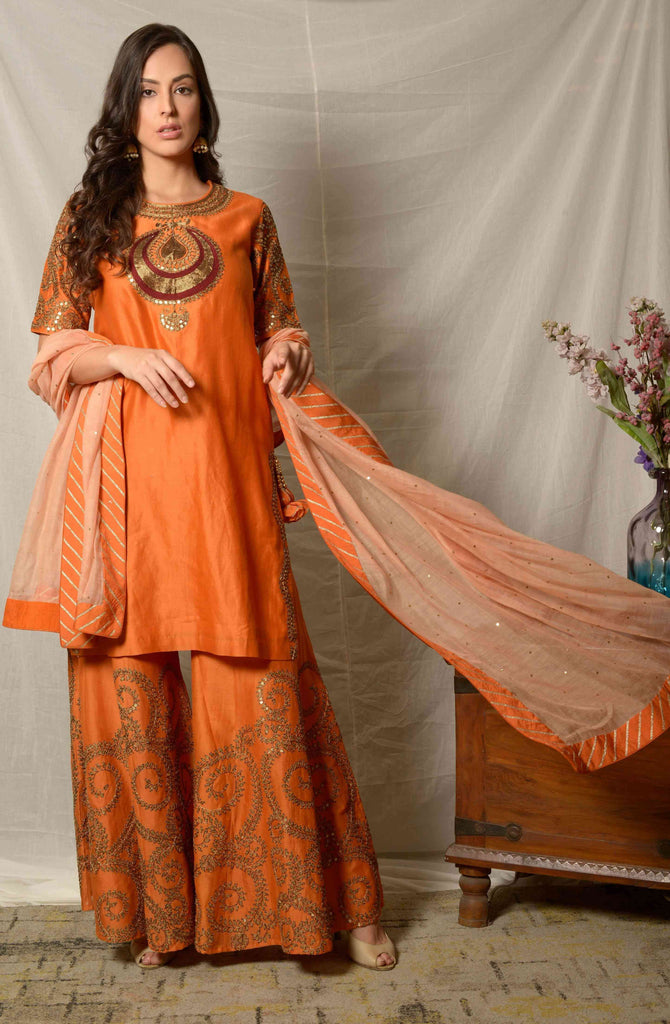 Orange Zari Sequins Chanderi Suit Set | AAS Couture