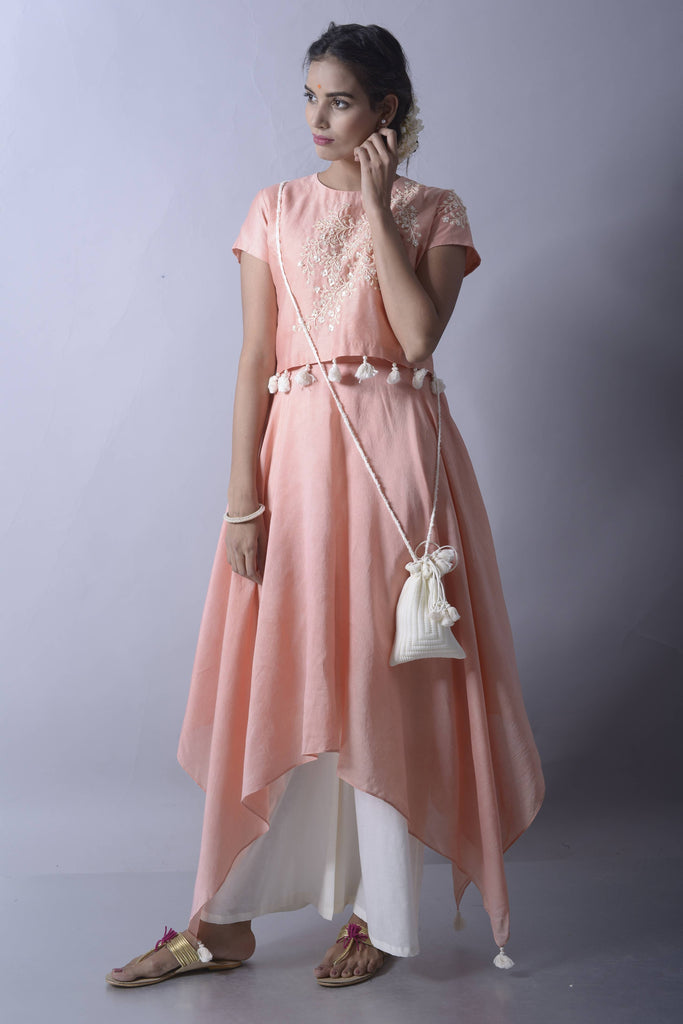 Peach Hankerchief Kurti with Crop Top | AAS Couture