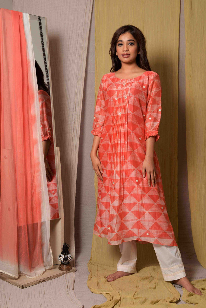 Peach Shibori Pleated Kurta-Pant Set | AAS Couture