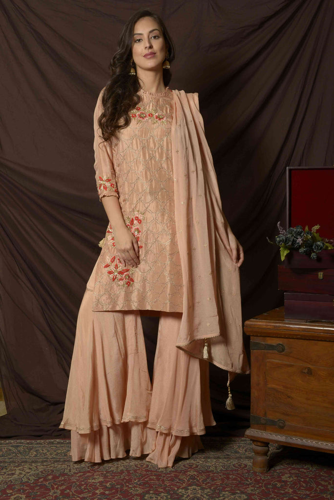 Peach Silk Gota Work Kurta with Garara & Dupatta AAS Couture