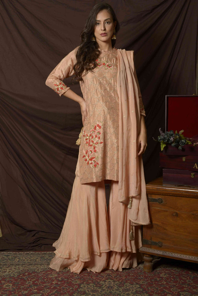 Peach Silk Gota Work Kurta-Garara Set | AAS Couture