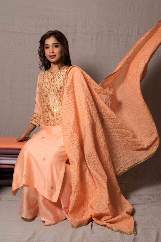 Peach Zigzag Kurta with Palazzo (Gota Work) | AAS Couture 