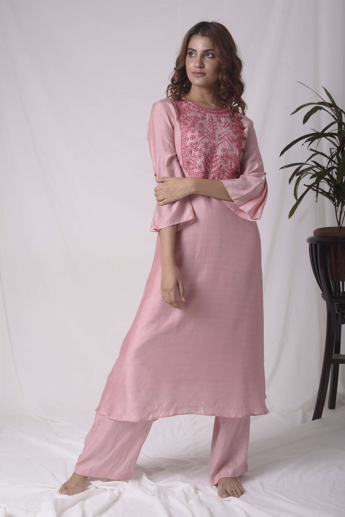 PINK COTTON SILK KASUTI KURTA SET