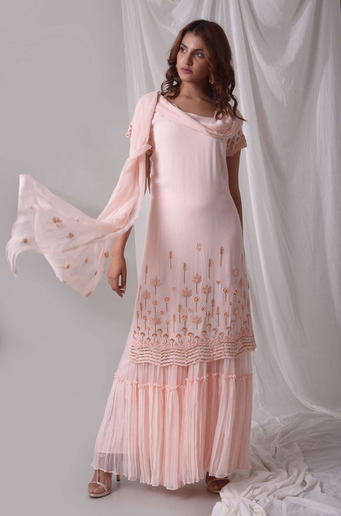 Pink Double Georgette Kurta-Garara Suit Set (Floral Embroidered) | AAS Couture