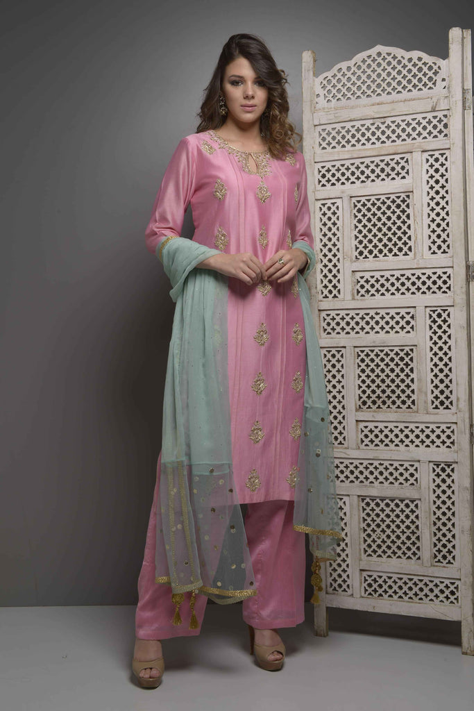 Pink Gota And Dabka Embroidery Kurta With Plazzo  AAS COUTURE