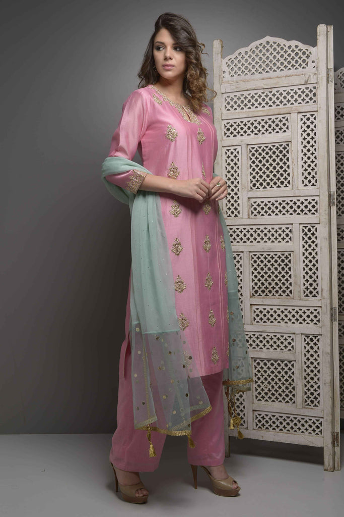 Pink Gota And Dabka Embroidery Kurta With Palazzo Set | AAS couture 