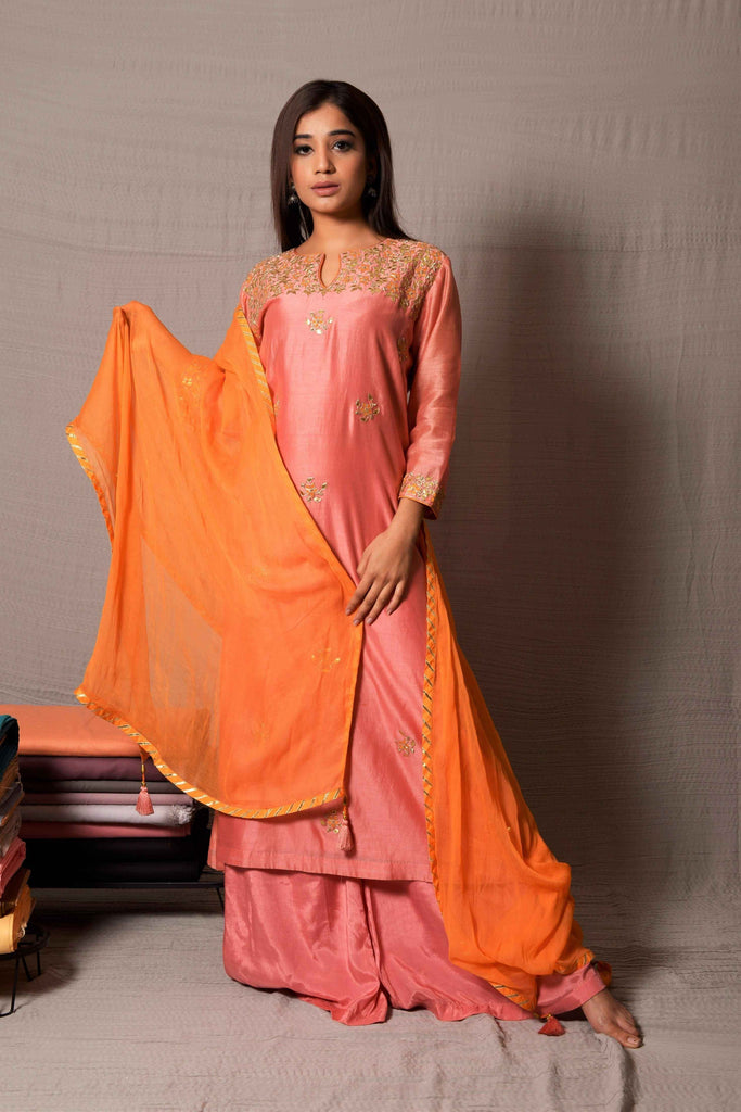 Pink Gota Patti Kurta-Palazzo Set (Orange Dupatta) | AAS Couture