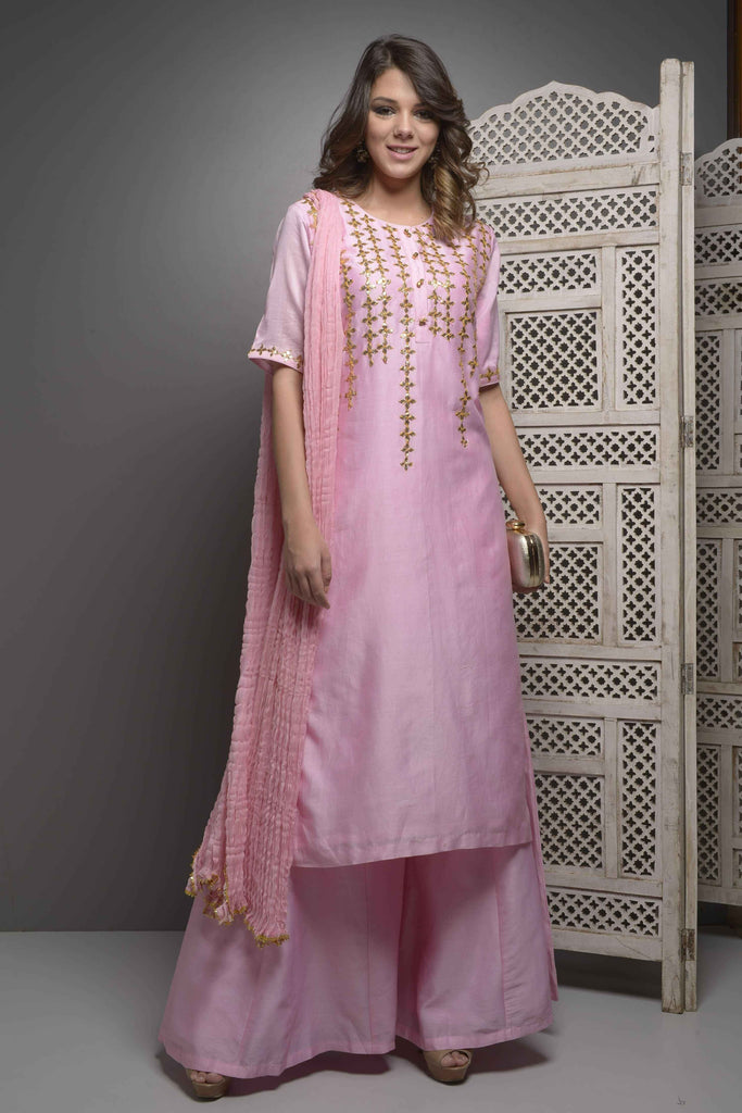 Pink Kurta With Sharara Set (Kachi Patti Gota Embroidery) | AAS Couture 