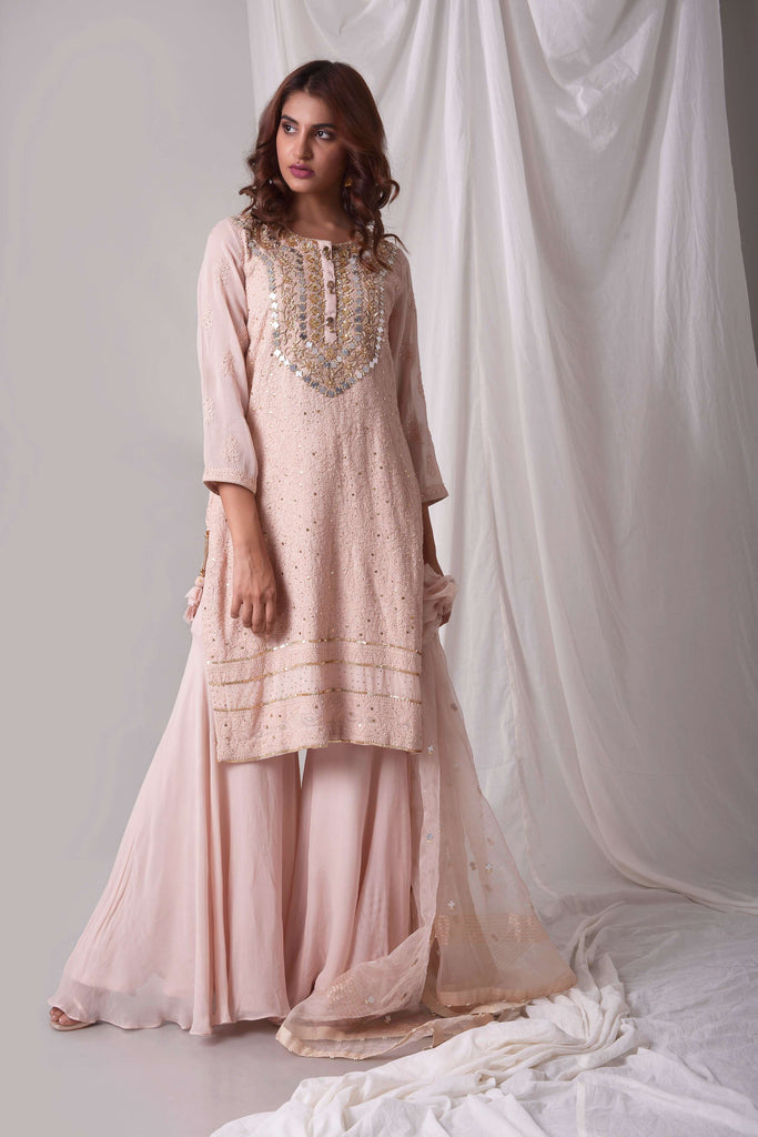 Pink Lucknowi Embroidered Kurta with Garara Suit  AAS Couture