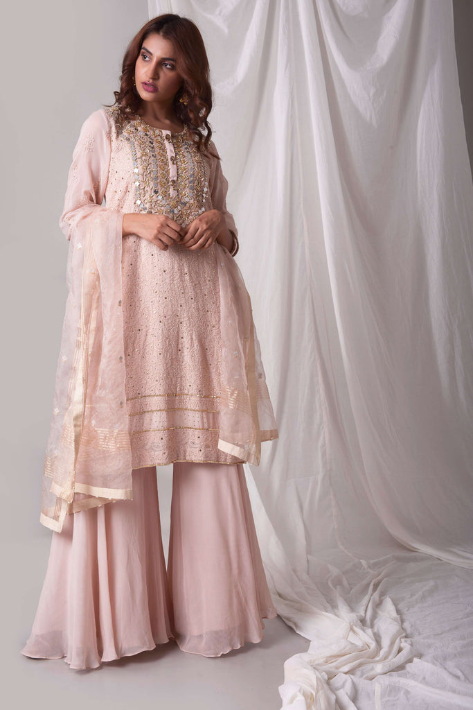 Pink Lucknowi Embroidered Kurta-Garara Suit Set | AAS Couture