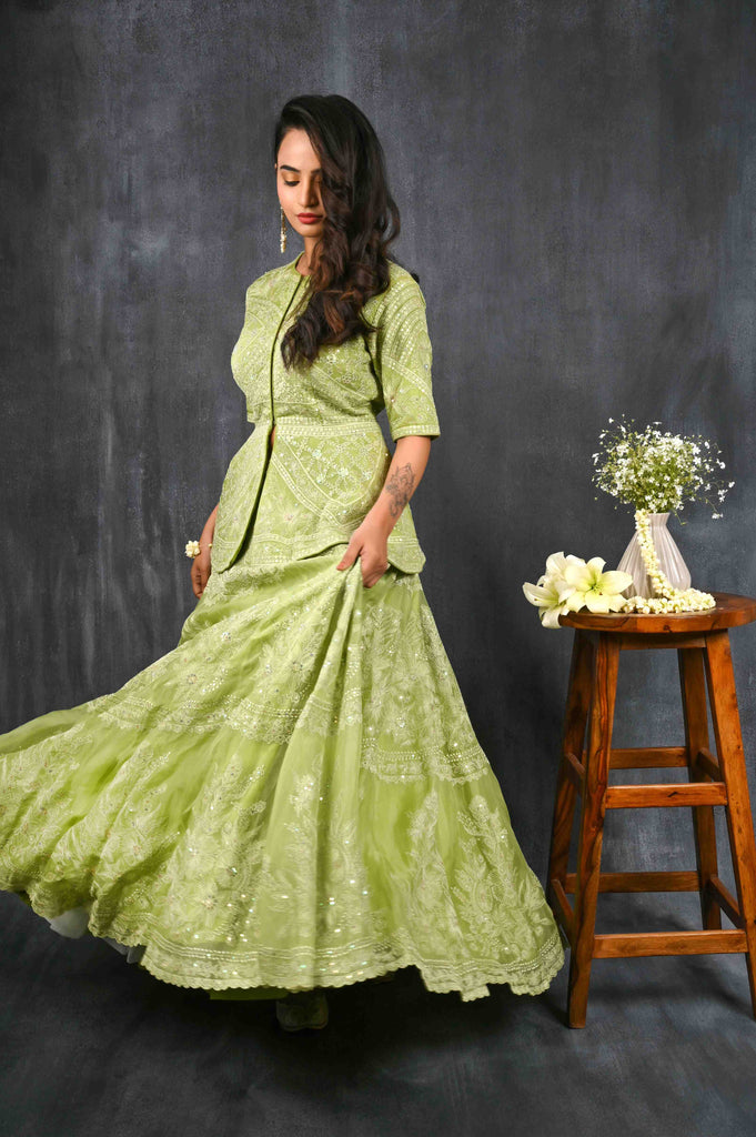 Pista Green Peplum Lehenga With Tonal Thread Embroidery AAS COUTURE