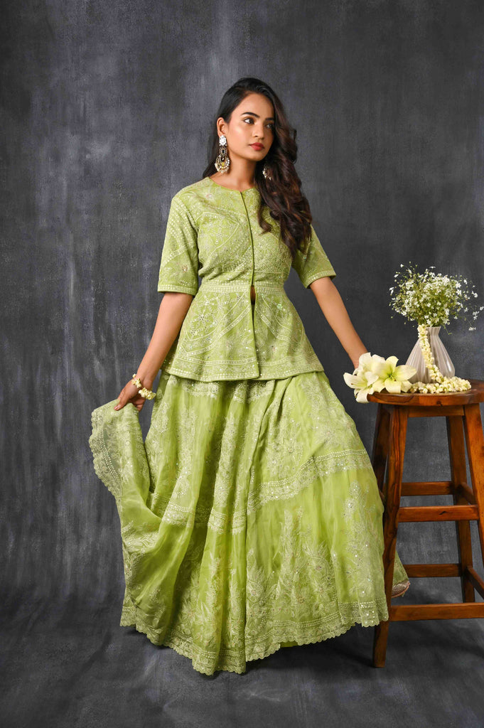 Green Peplum Set with Threadwork AAS COUTURE