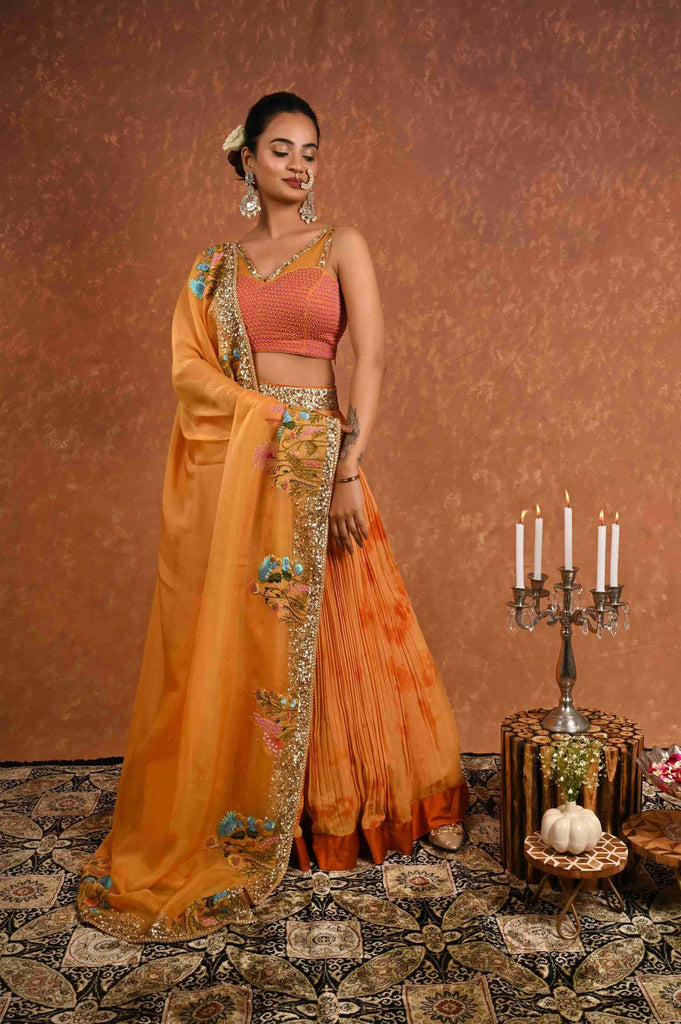 Saffron Tie-dye Crincle Skirt with Heavy Dupatta and Blouse AAS COUTURE