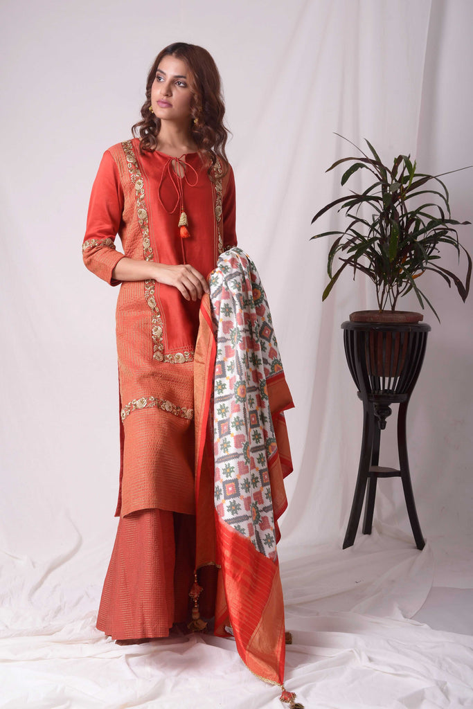 Tissue Chanderi Suit Set with Ikat Dupatta | AAS Couture