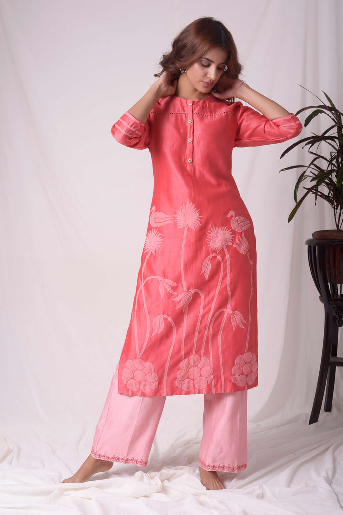 TOMATO RED & PINK PATCHED KURTA SET  AAS COUTURE