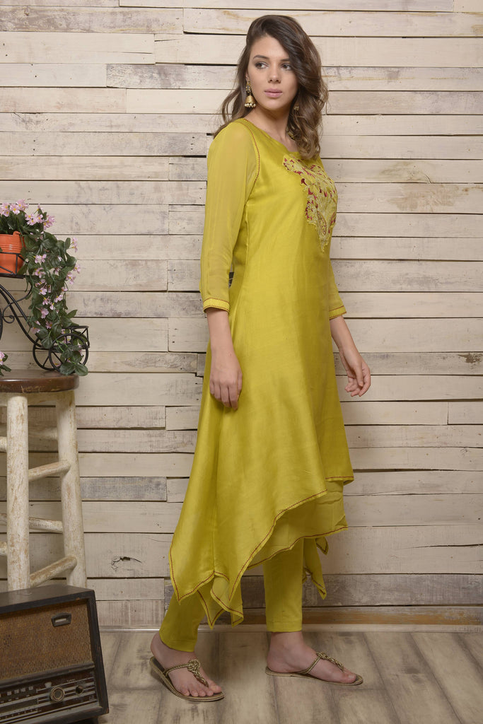 U-shaped Mustard Chanderi Kurta with Pant | AAS Couture