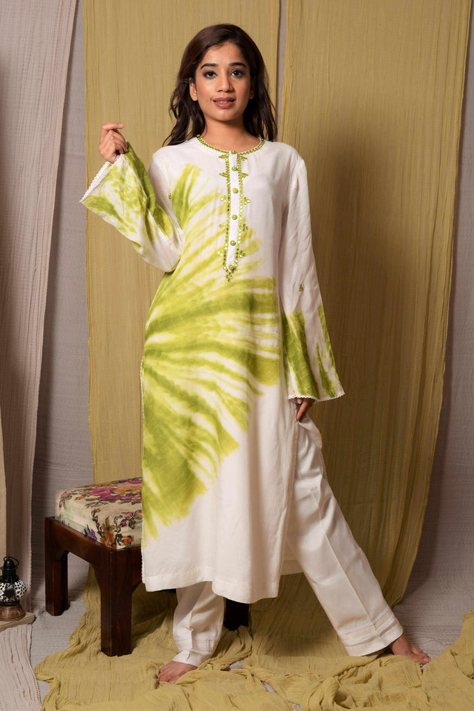 White & Green Tie-Dye Kurta with Pant | AAS Couture