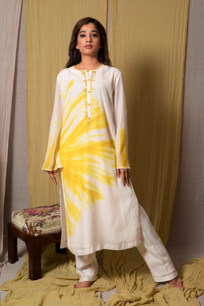 White & Yellow Tie-Dye Kurta with Pant | AAS Couture