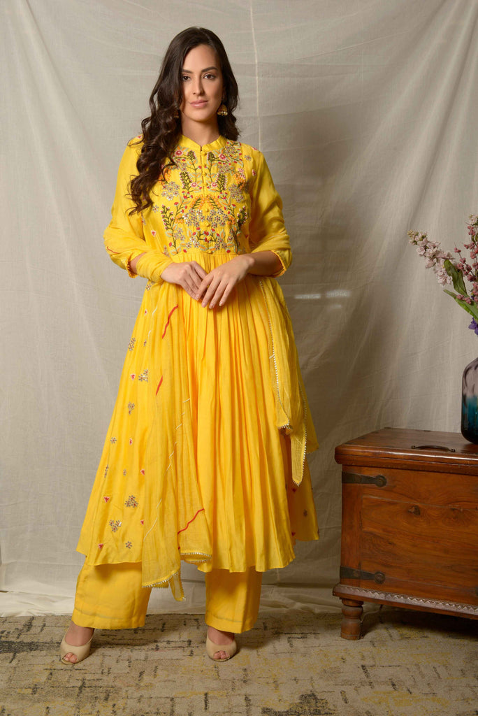 Yellow Gota Patti Pleated Cotton Silk Suit  AAS Couture