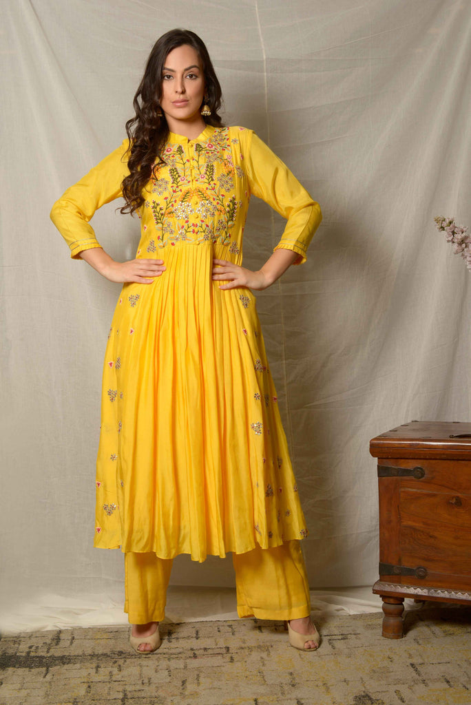 Yellow Pleated Cotton Silk Suit Set | AAS Couture 