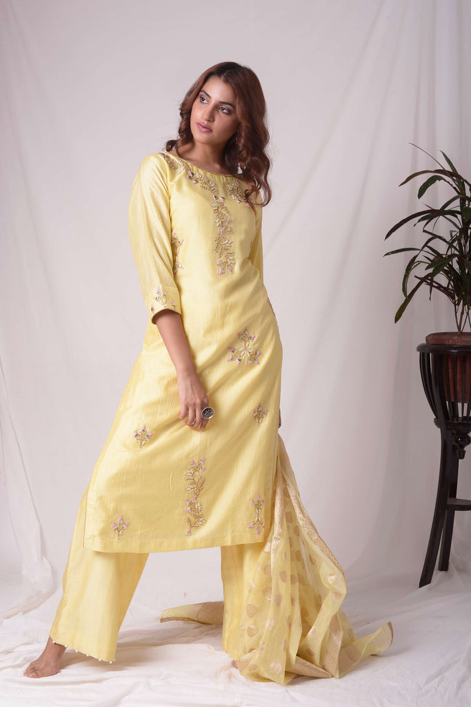 Yellow Russian Silk Straight Kurta-Pant Suit Set | AAS Couture